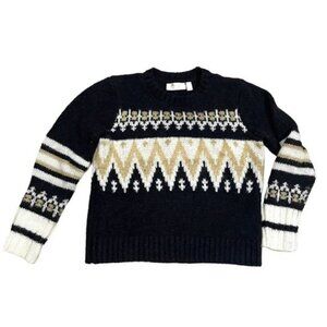RD Style Women's Small Fair Isle Knit Wool Sweater Nordic Black Cream Geometric